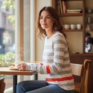 Kokun Cotton Sweater Tee Women's Sz Small White Striped Long Sleeve